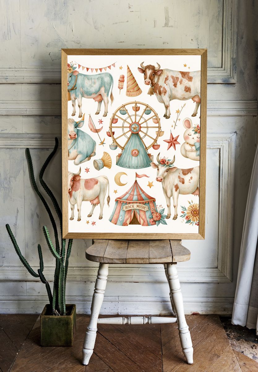 Circus Cows Watercolor Poster. — room view 1