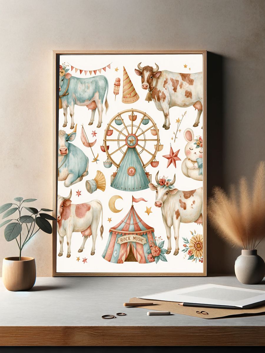 Circus Cows Watercolor Poster. — room view 2