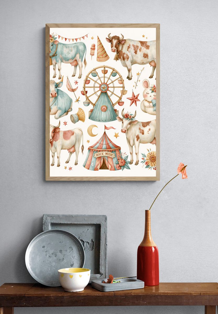Circus Cows Watercolor Poster. — room view 3