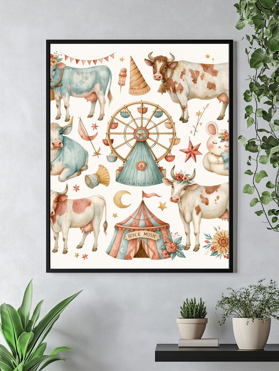 Circus Cows Watercolor Poster. — room view 4