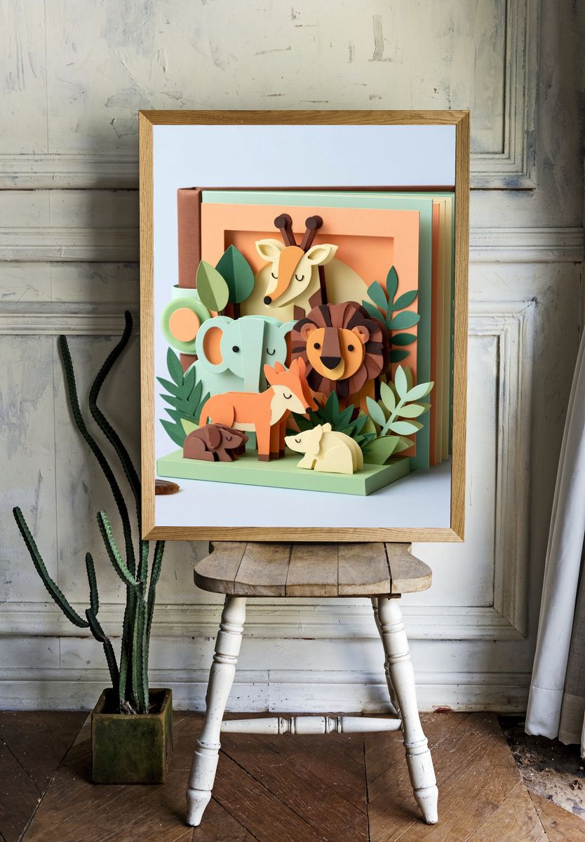 Paper Safari Animals Illustration Poster. — room view 1