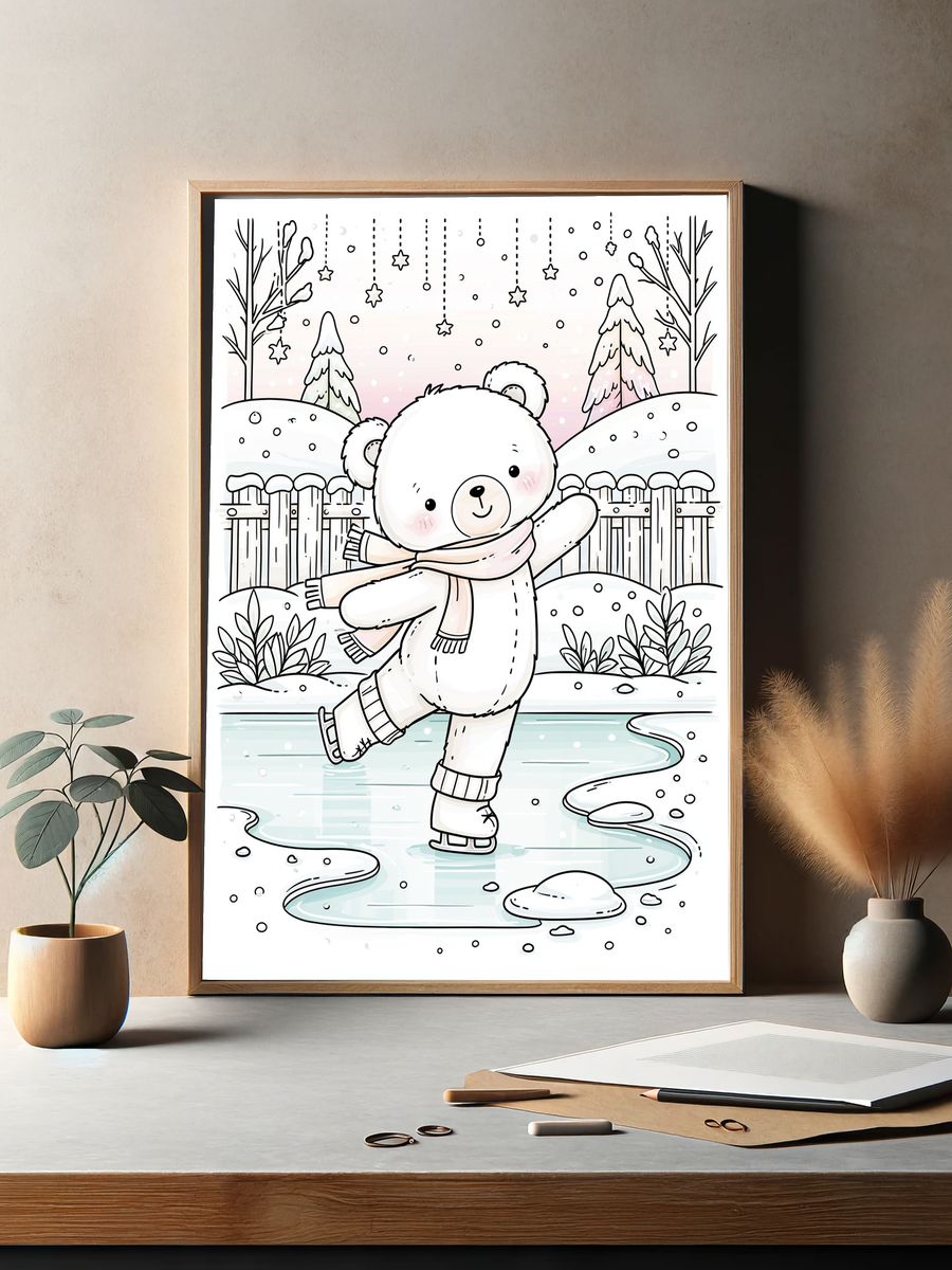 Winter Bear Ice Skating Print. — room view 2