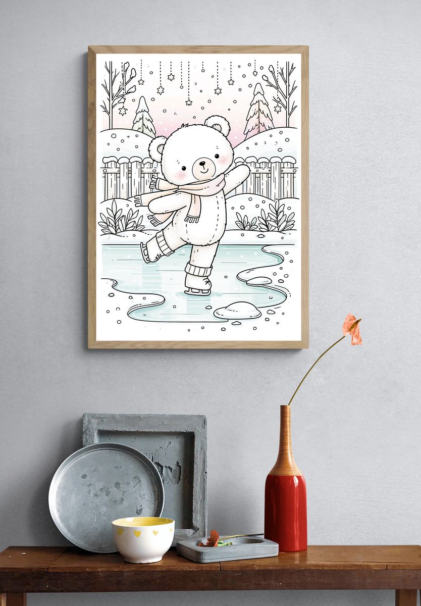 Winter Bear Ice Skating Print. — room view 3
