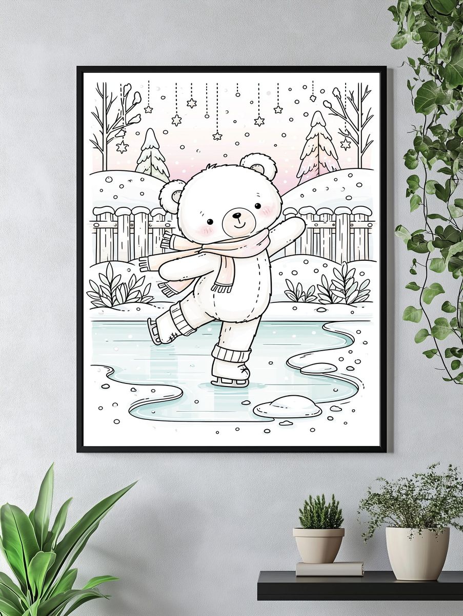 Winter Bear Ice Skating Print. — room view 4