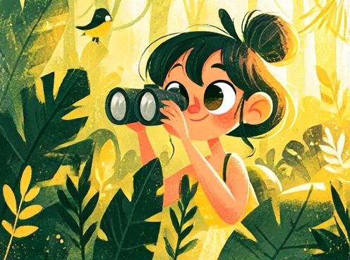 Girl with Binoculars Jungle Illustration Poster. poster detail