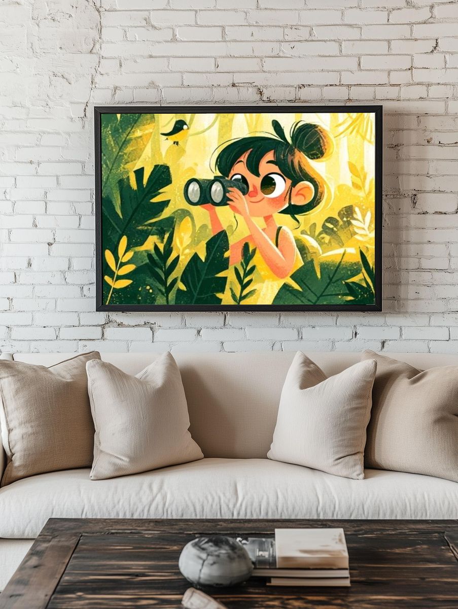 Girl with Binoculars Jungle Illustration Poster. — room view 1
