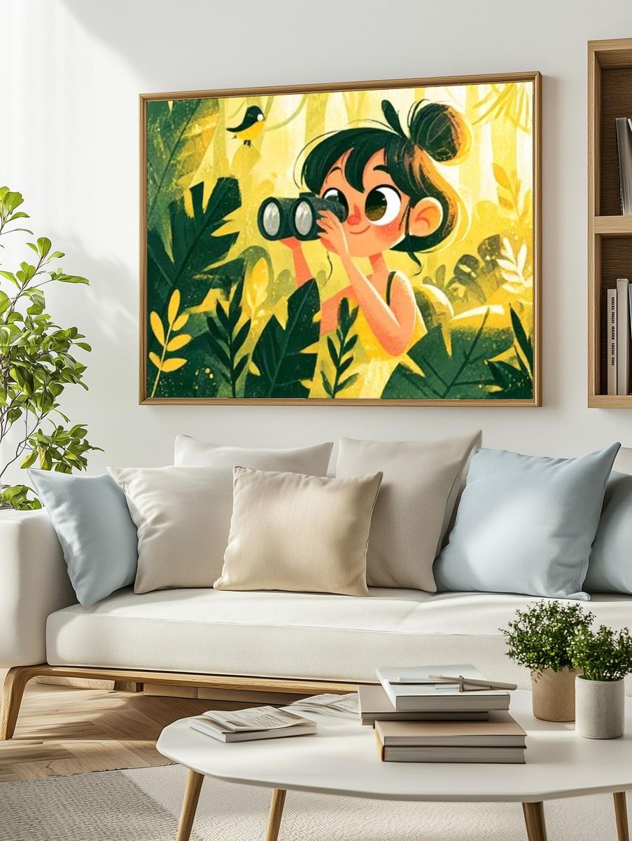 Girl with Binoculars Jungle Illustration Poster. — room view 2