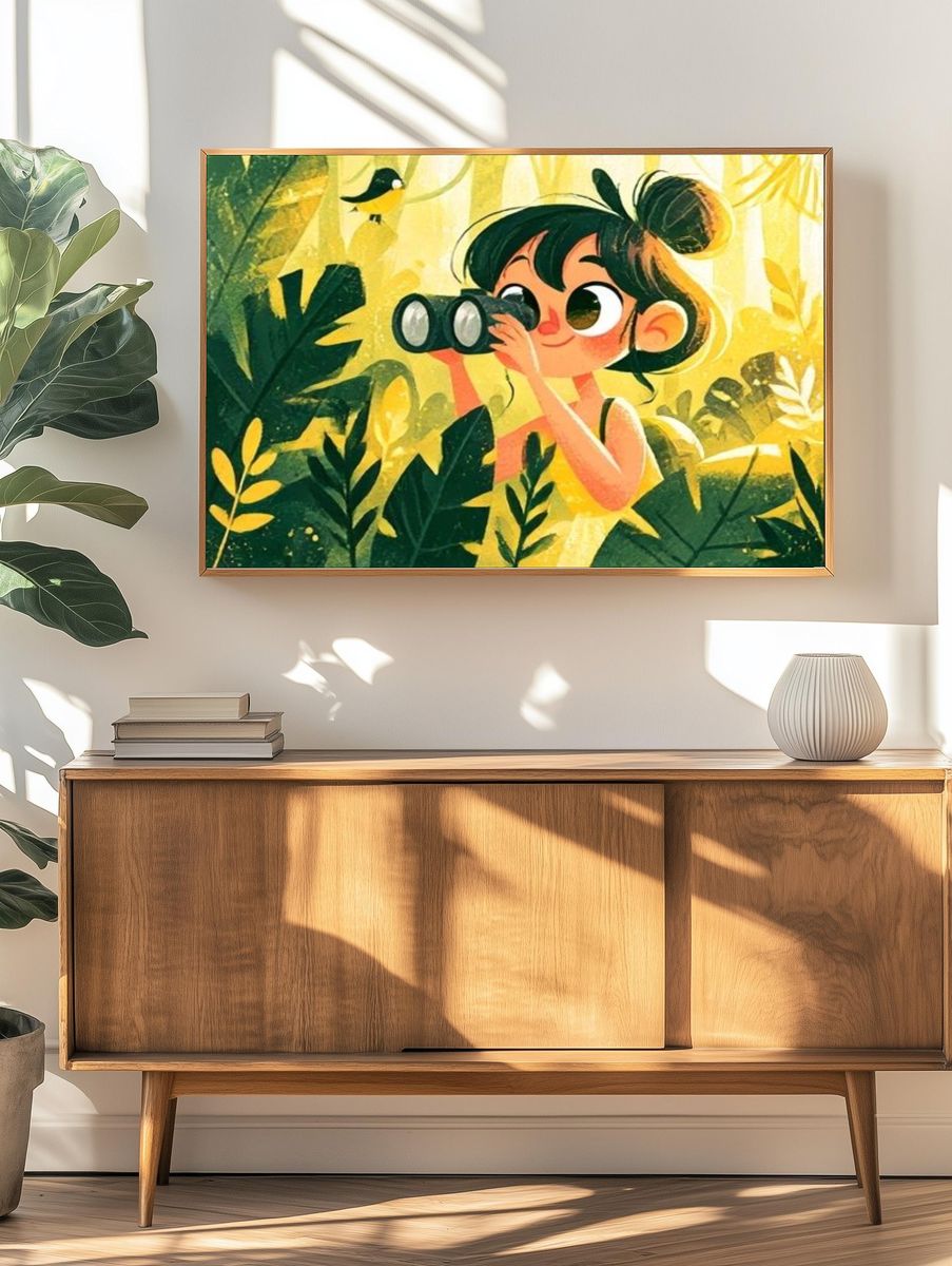 Girl with Binoculars Jungle Illustration Poster. — room view 3