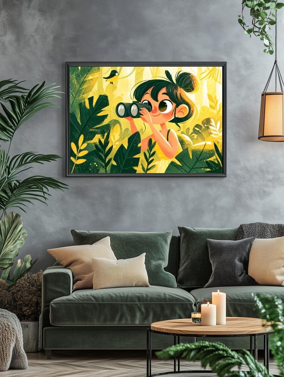 Girl with Binoculars Jungle Illustration Poster. — room view 4