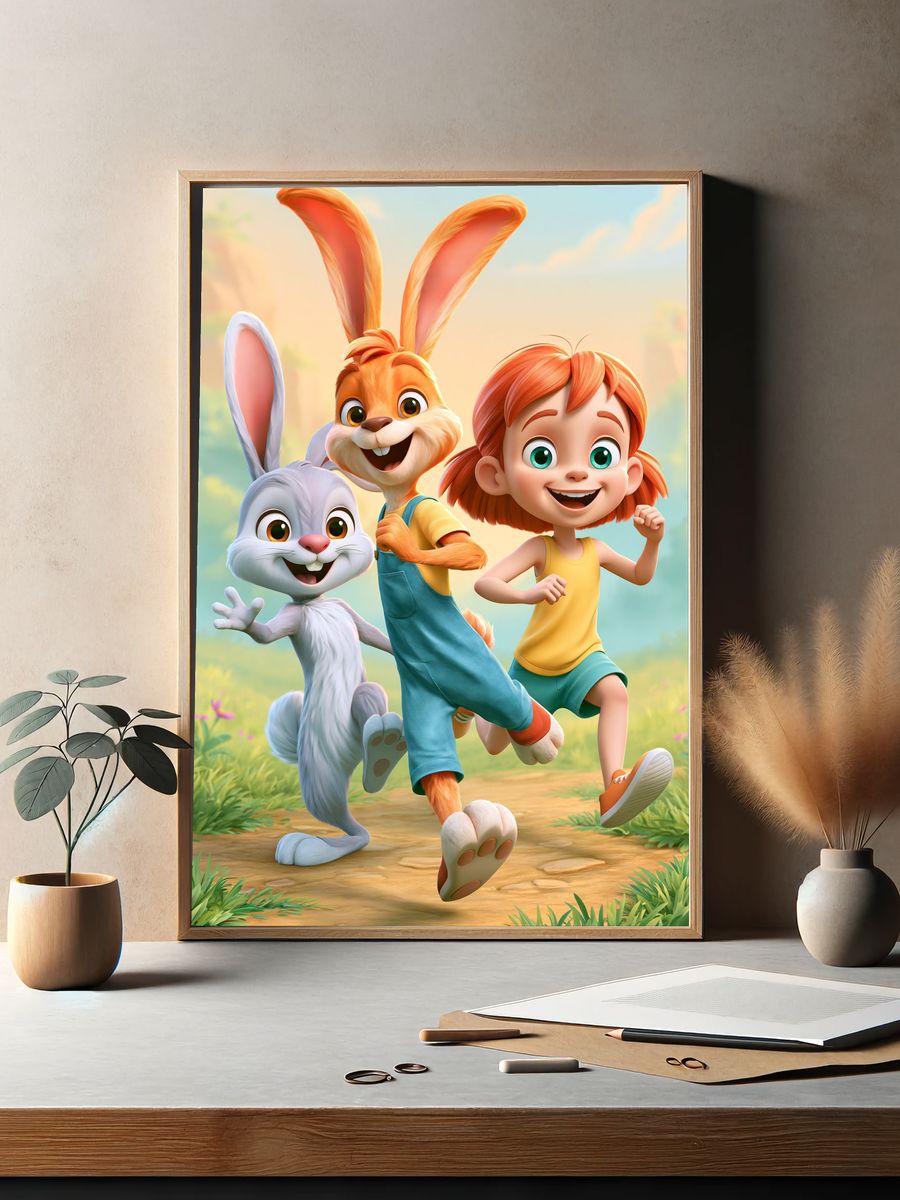 Playful Bunny Friends Illustration Poster. — room view 2
