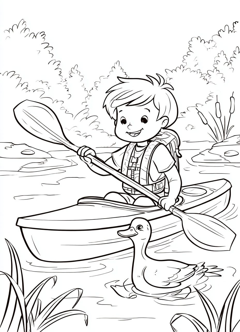 Boy Kayaking with Duck Coloring Poster. poster detail