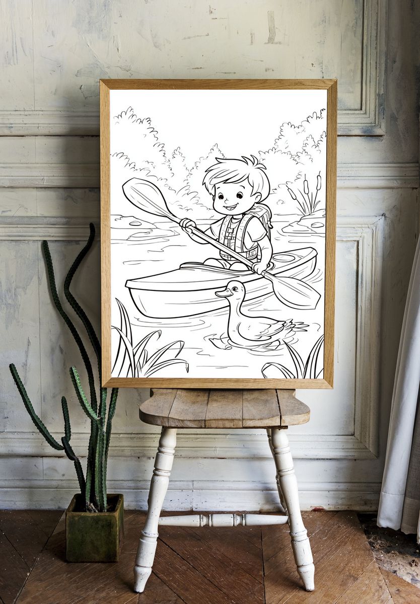Boy Kayaking with Duck Coloring Poster. room preview