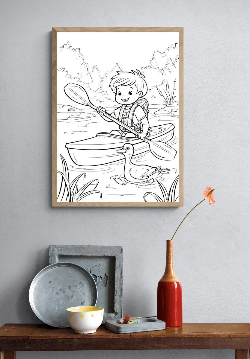 Boy Kayaking with Duck Coloring Poster. — room view 3