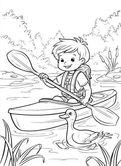 Boy Kayaking with Duck Coloring Poster. poster