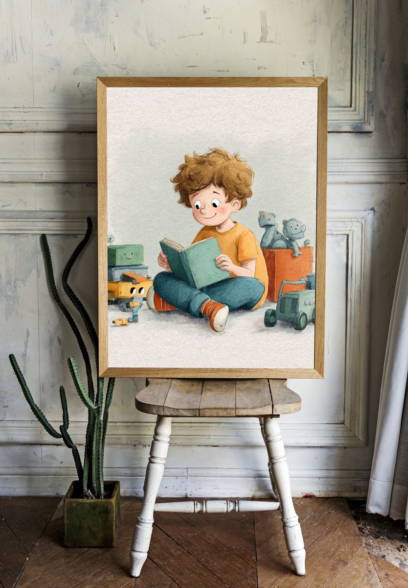 Boy Reading with Toys Watercolor Print. — room view 1