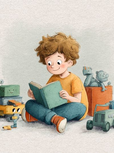 Boy Reading with Toys Watercolor Print. poster print