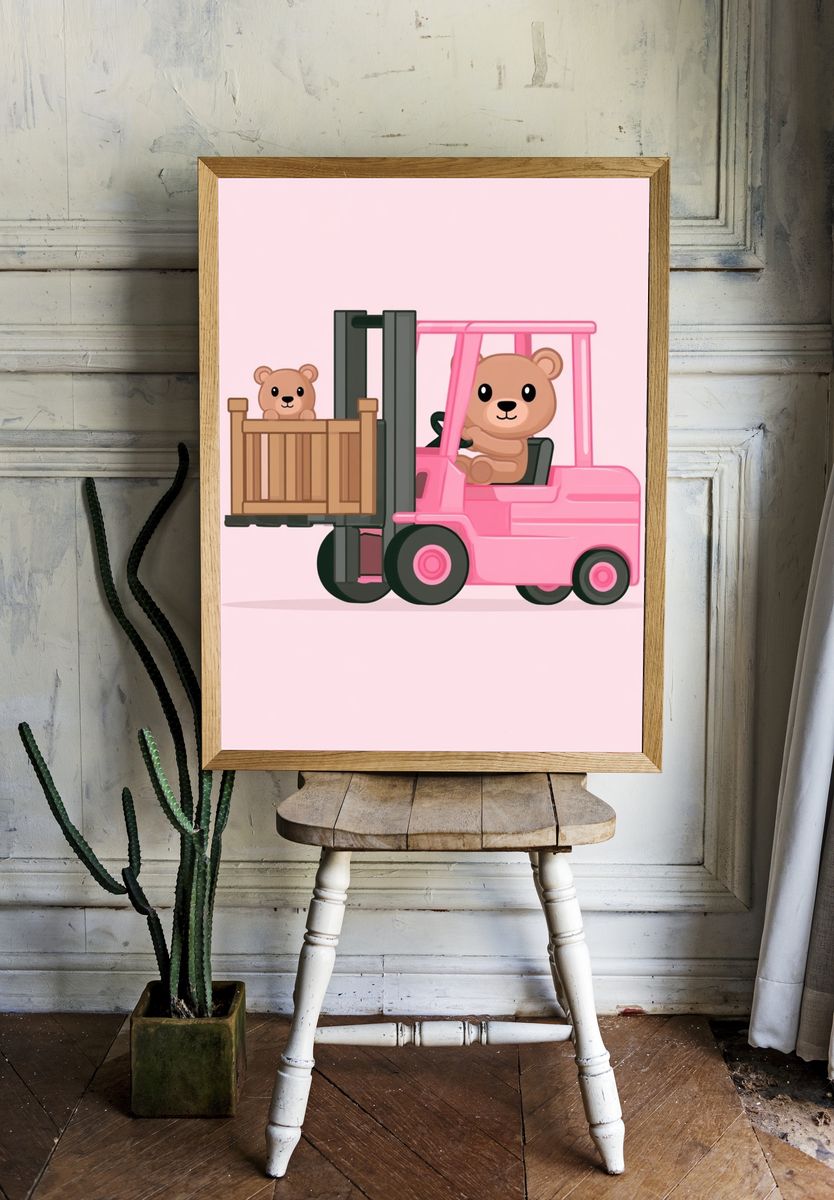 Pink Bear Forklift Nursery Poster. room preview
