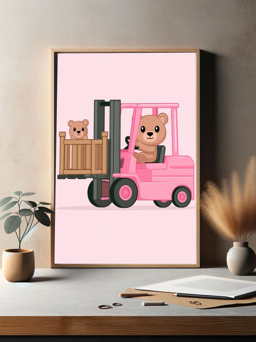 Pink Bear Forklift Nursery Poster. — room view 2