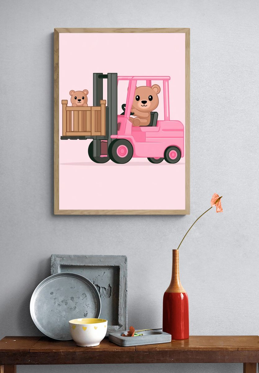 Pink Bear Forklift Nursery Poster. — room view 3