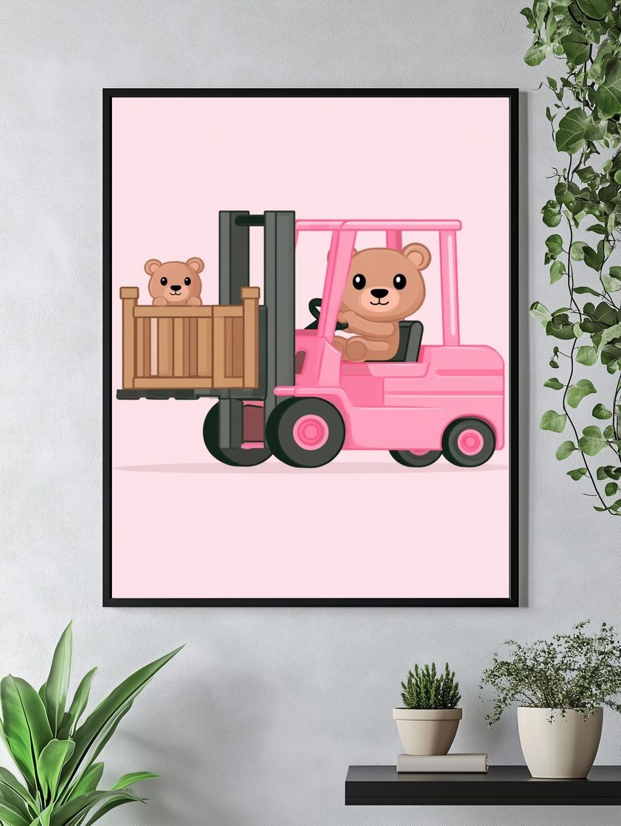 Pink Bear Forklift Nursery Poster. — room view 4