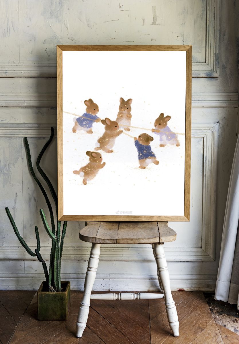 Playful Rabbits Watercolor Poster. — room view 1