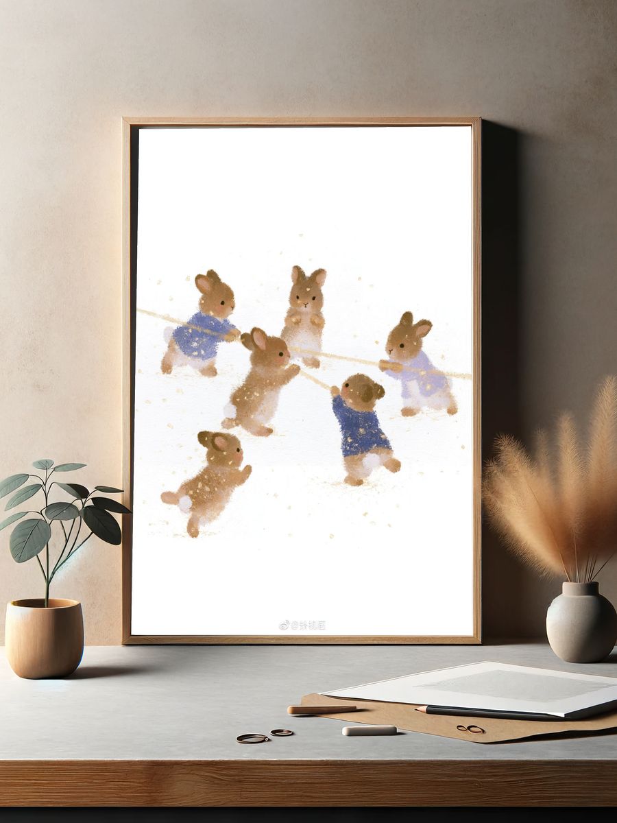Playful Rabbits Watercolor Poster. — room view 2