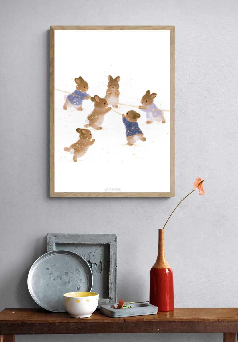 Playful Rabbits Watercolor Poster. — room view 3