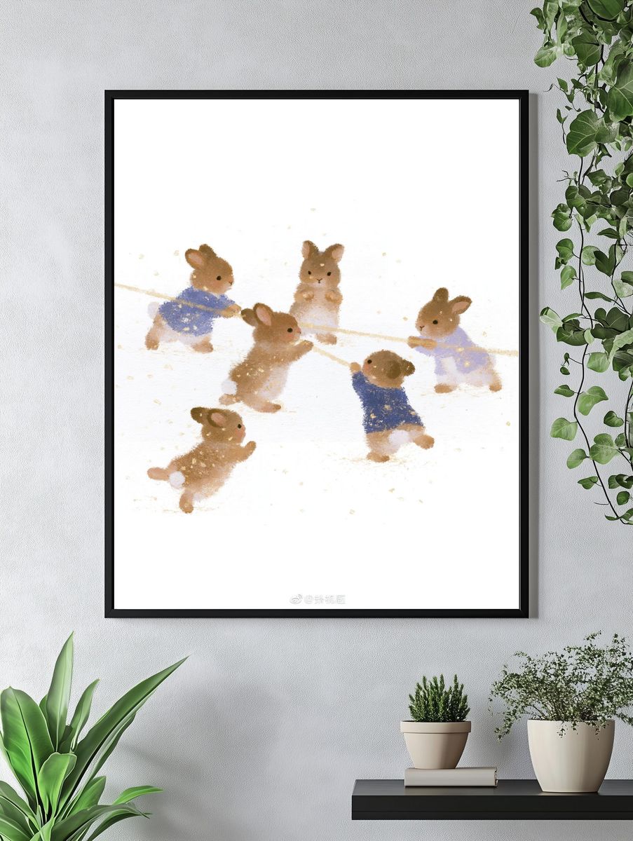 Playful Rabbits Watercolor Poster. — room view 4