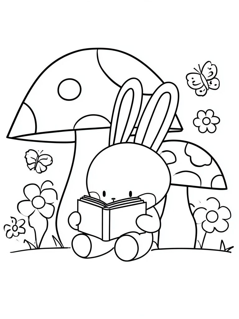 Bunny Reading in Mushroom Garden Print. poster — kids art