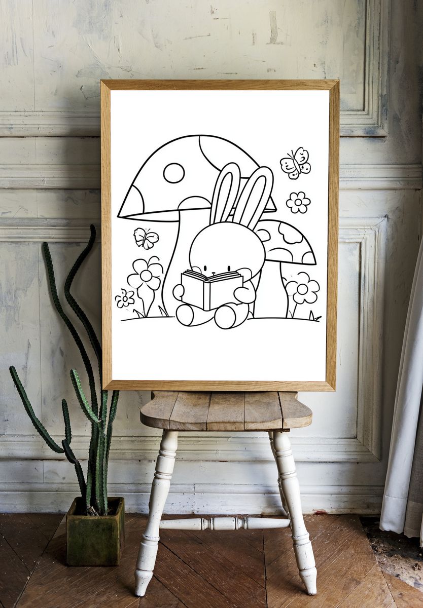 Bunny Reading in Mushroom Garden Print. — room view 1