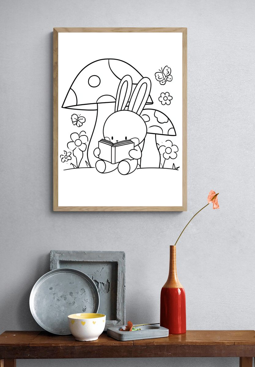 Bunny Reading in Mushroom Garden Print. — room view 3