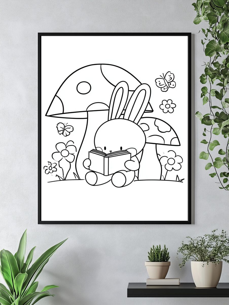 Bunny Reading in Mushroom Garden Print. — room view 4