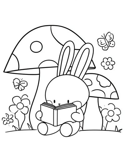Bunny Reading in Mushroom Garden Print. poster