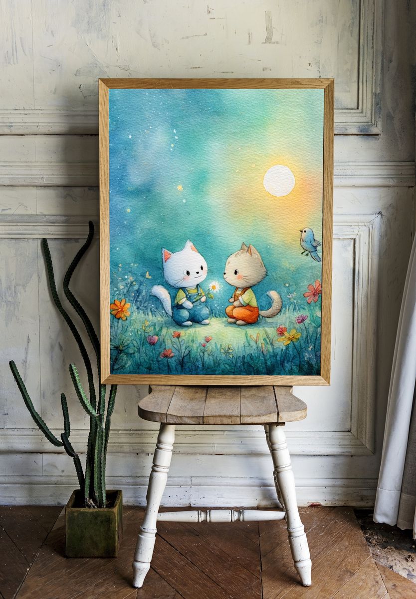 Moonlit Kittens Watercolor Poster. — room view 1