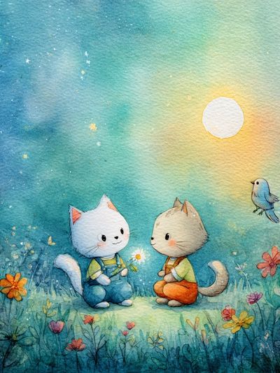 Moonlit Kittens Watercolor Poster. poster