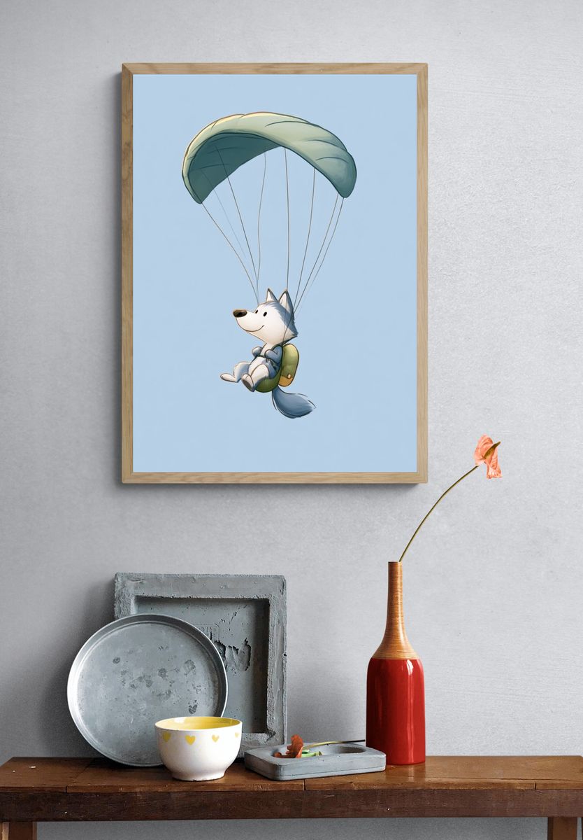 Paragliding Fox Cartoon Poster. — room view 3