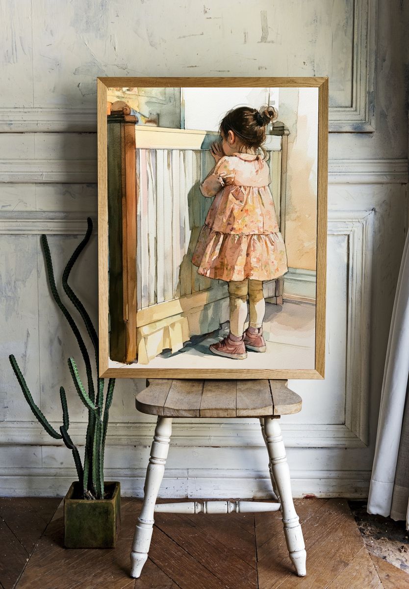 Little Girl by the Crib Watercolor Print. — room view 1
