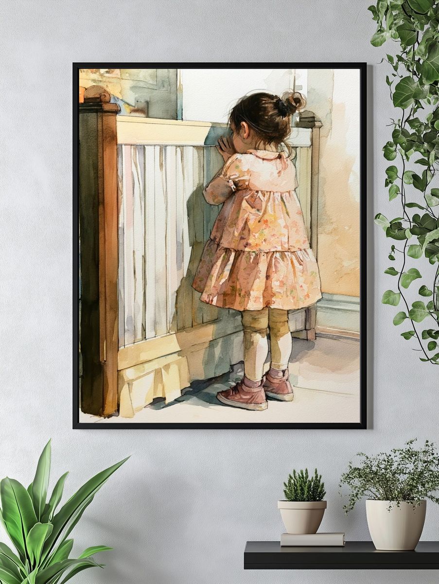 Little Girl by the Crib Watercolor Print. — room view 4