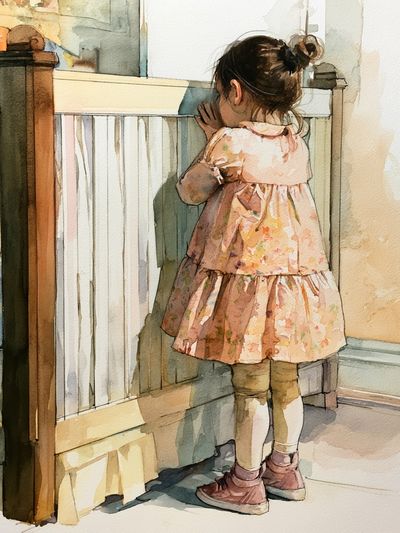 Little Girl by the Crib Watercolor Print. poster