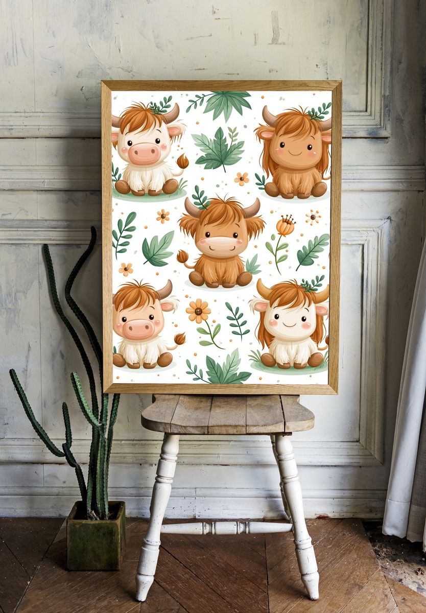 Cute Highland Cow Pattern Poster. room preview