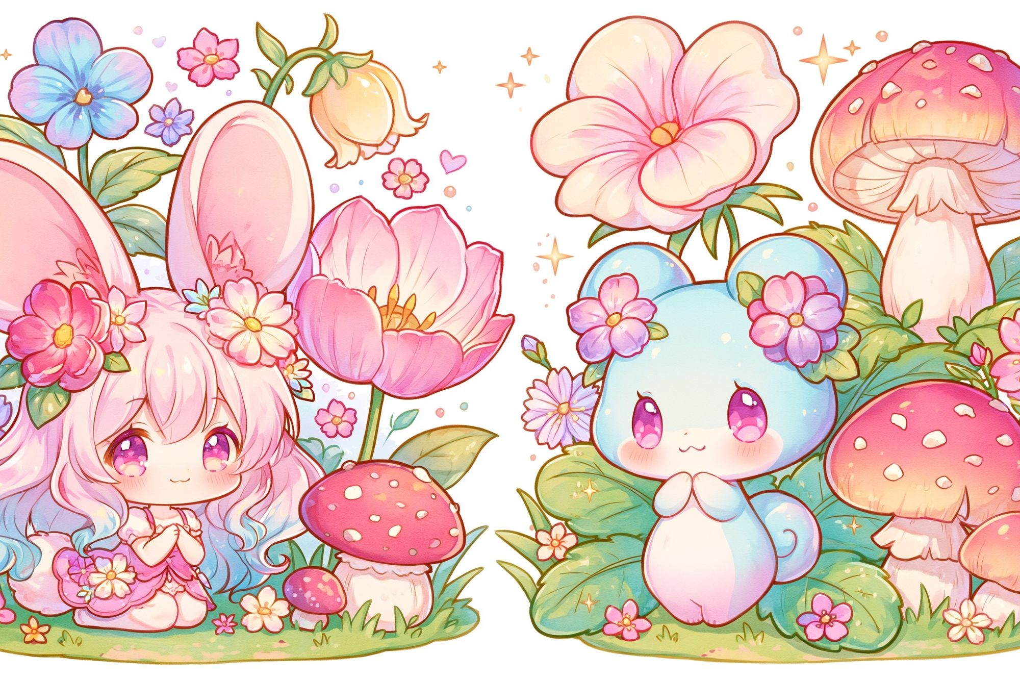 Kawaii Bunny and Mushrooms Poster. poster detail