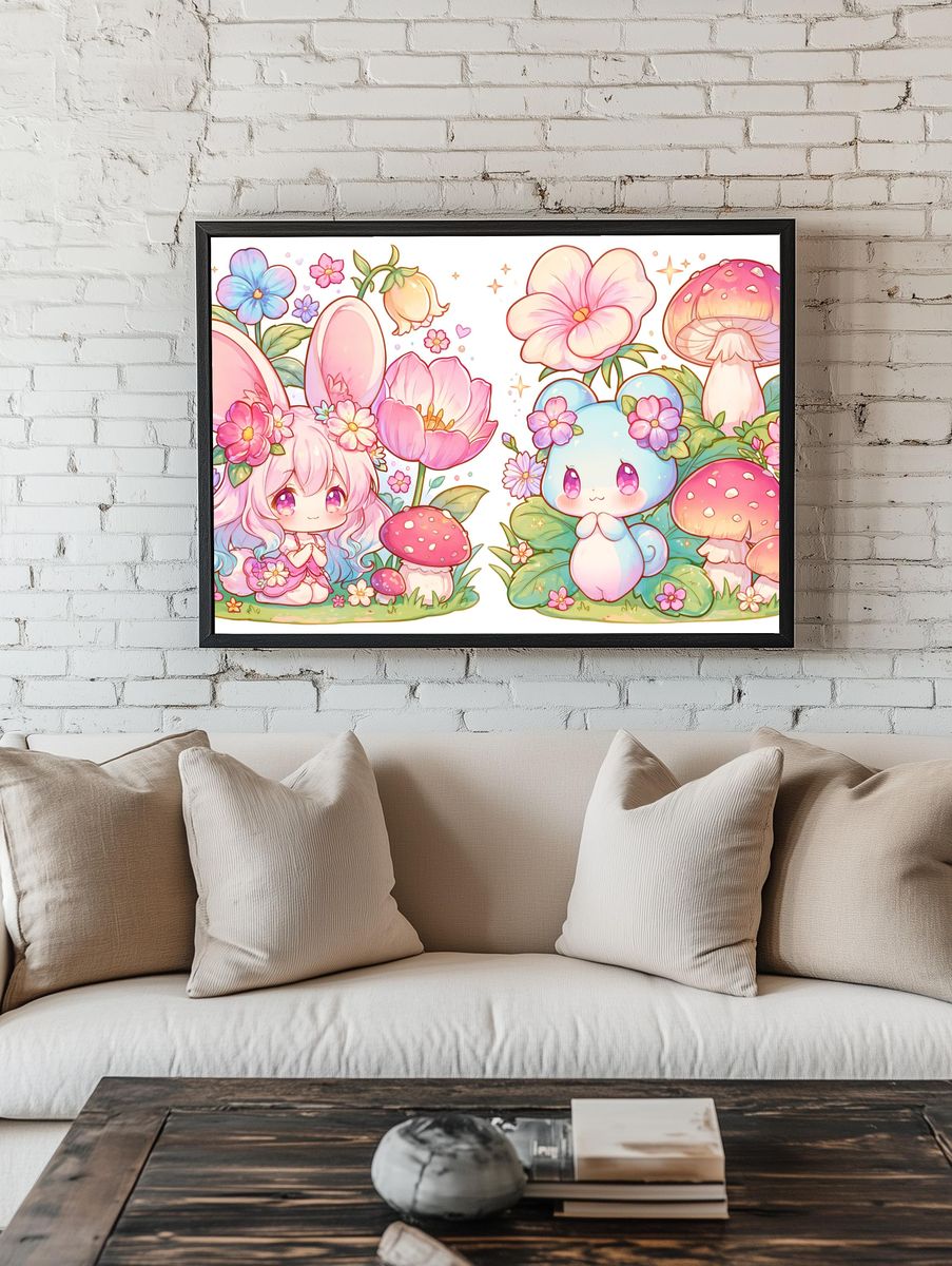 Kawaii Bunny and Mushrooms Poster. room preview