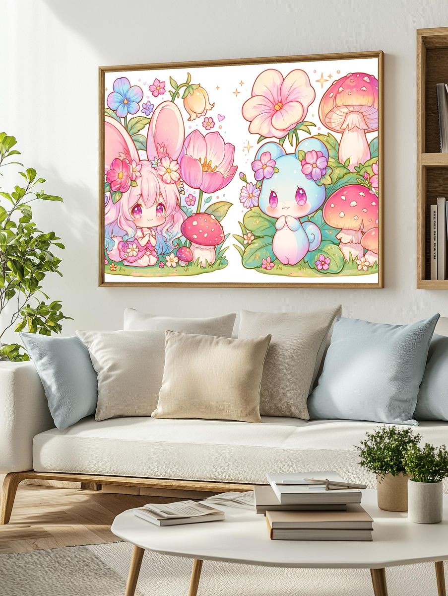 Kawaii Bunny and Mushrooms Poster. — room view 2