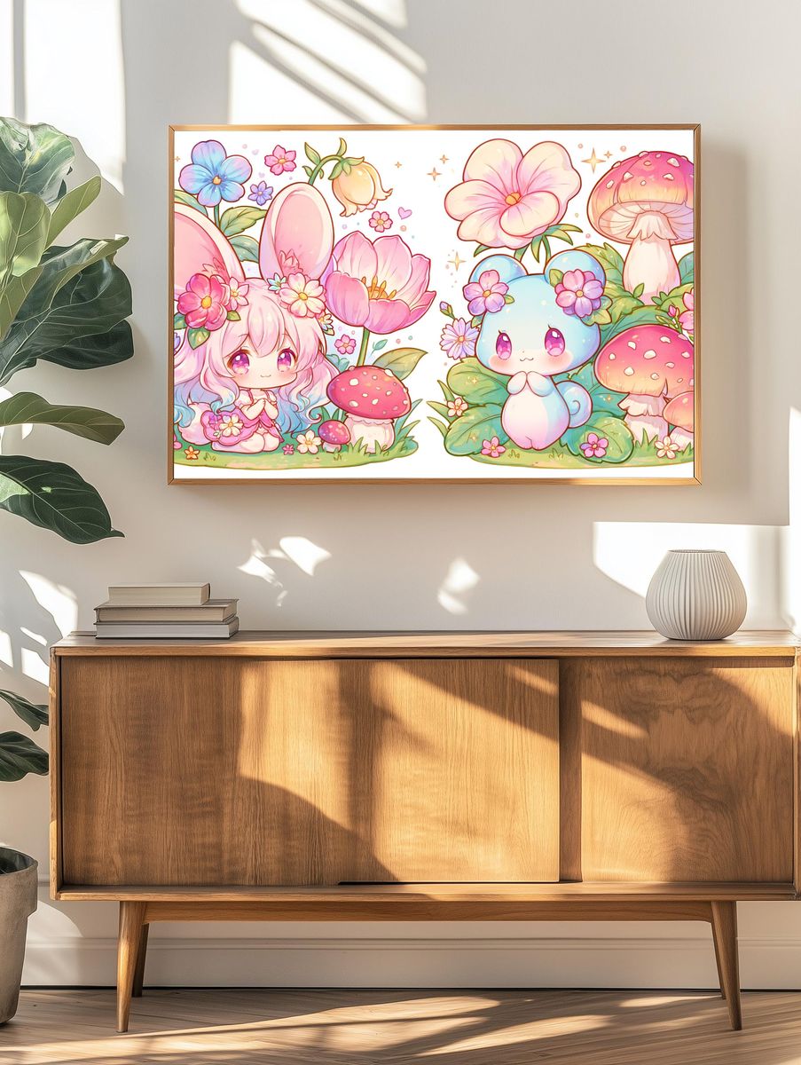 Kawaii Bunny and Mushrooms Poster. — room view 3