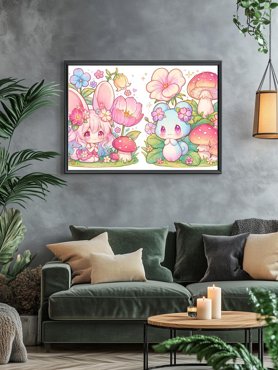 Kawaii Bunny and Mushrooms Poster. — room view 4