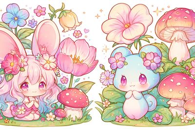 Kawaii Bunny and Mushrooms Poster. poster