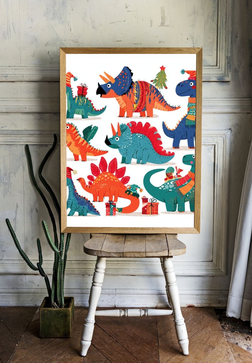 Christmas Dinosaurs Illustration Poster. — room view 1