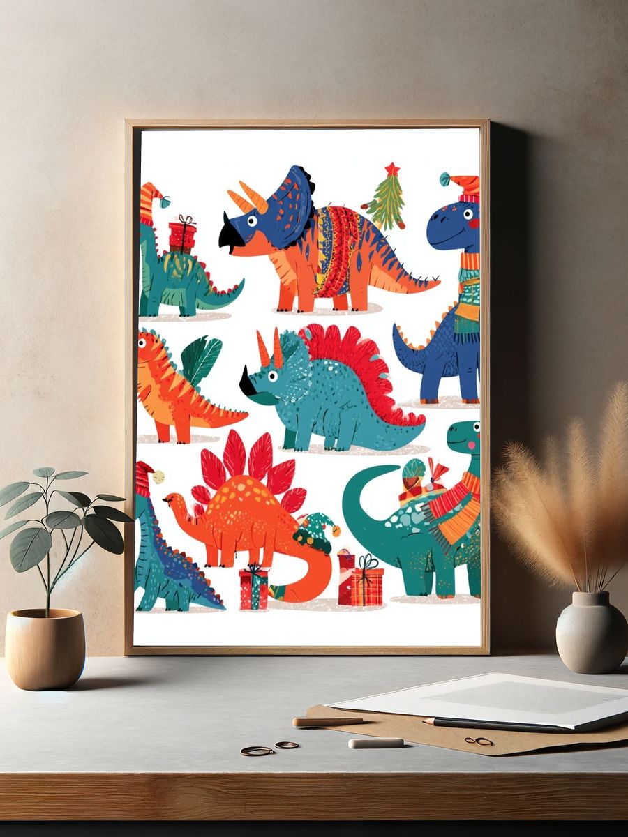 Christmas Dinosaurs Illustration Poster. — room view 2