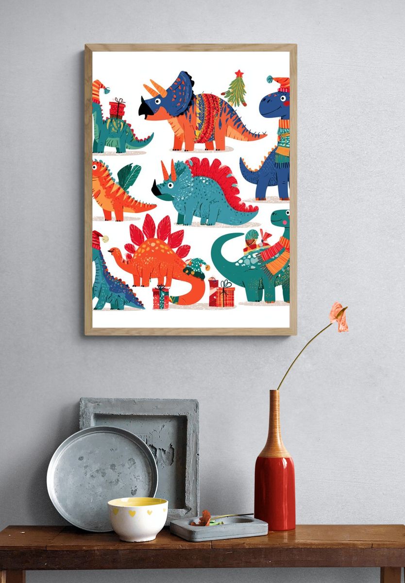 Christmas Dinosaurs Illustration Poster. — room view 3