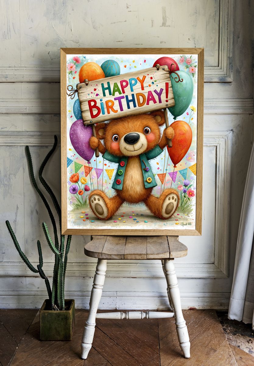 Birthday Bear Illustration Poster. room preview